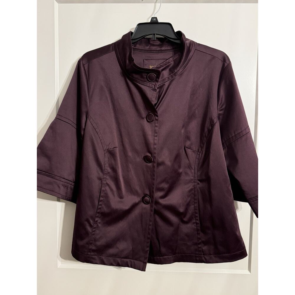 LAL Live A Little Womens 1X Button Down Silky Coat 3/4 Puffy Sleeves Lined Plum